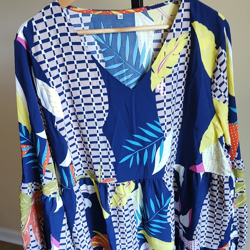 Long Sleeve Multi-Color Darcon Dress - Size 2X